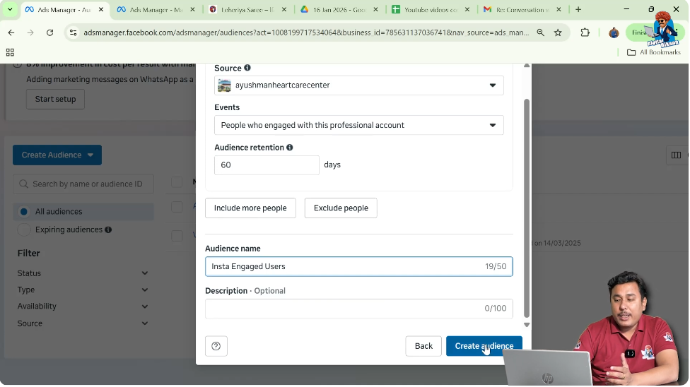 Clicking create audience button to finalize Instagram engagement custom audience