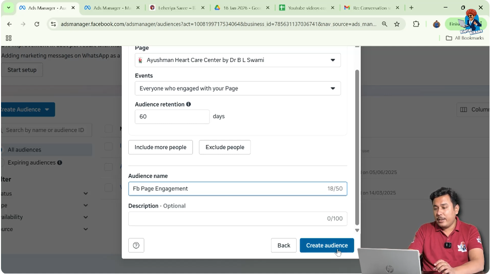 Clicking create audience button to finalize Facebook page engagement custom audience