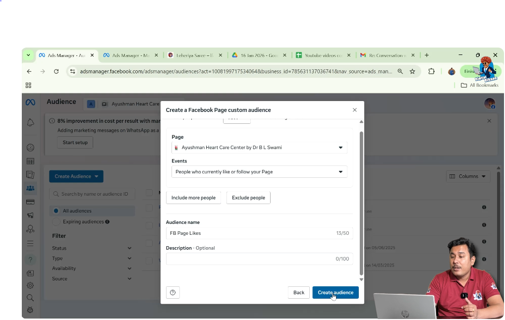 Clicking create audience button to finalize Facebook page likes custom audience