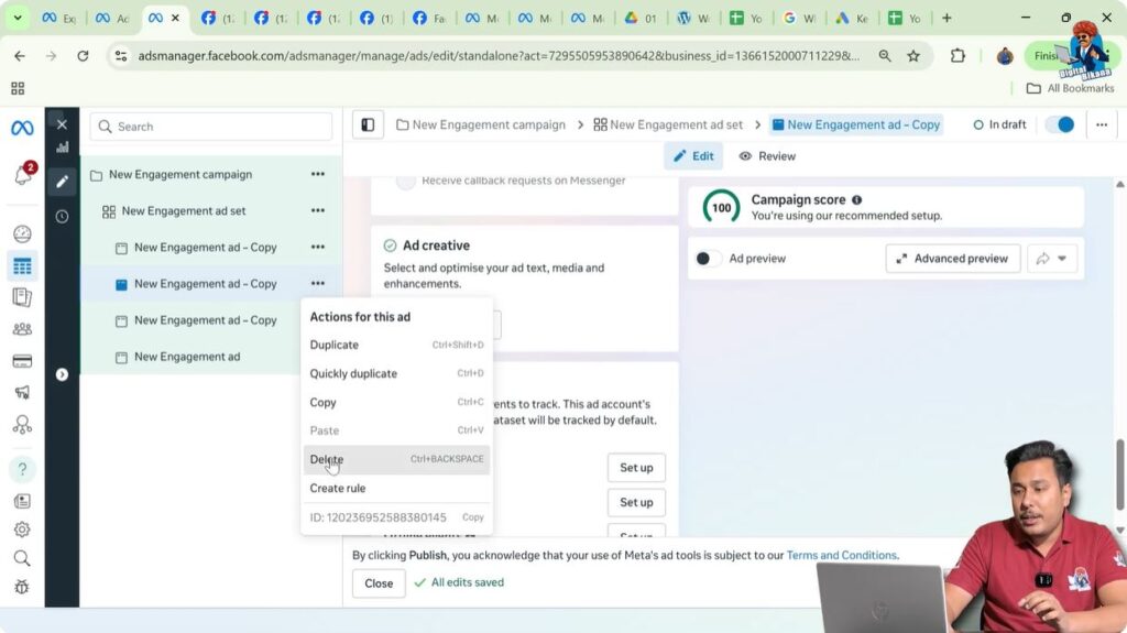 Delete option selected for ad creative in Meta Ads Manager