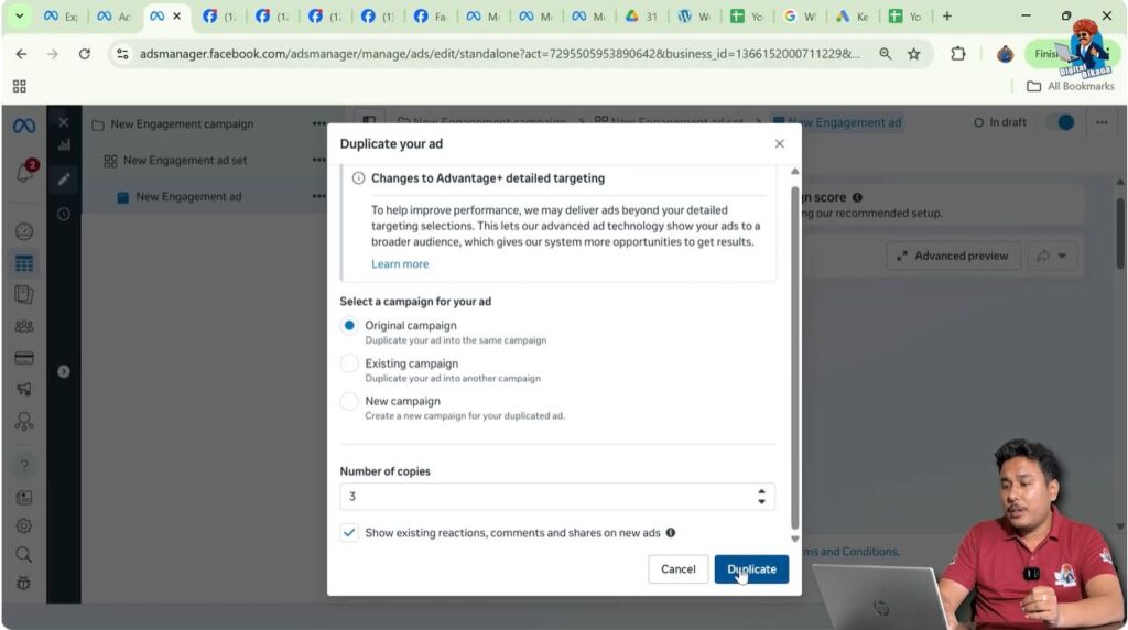 Confirming duplicate ad creative action in Meta Ads Manager
