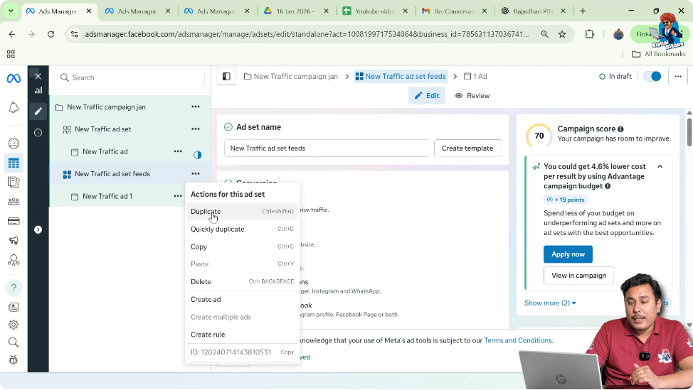 Duplicating existing ad set to create another ad set in same campaign