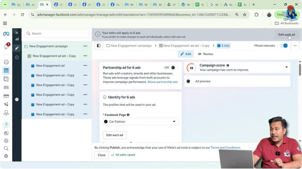 Edit button visible after selecting multiple ad sets in Meta Ads Manager