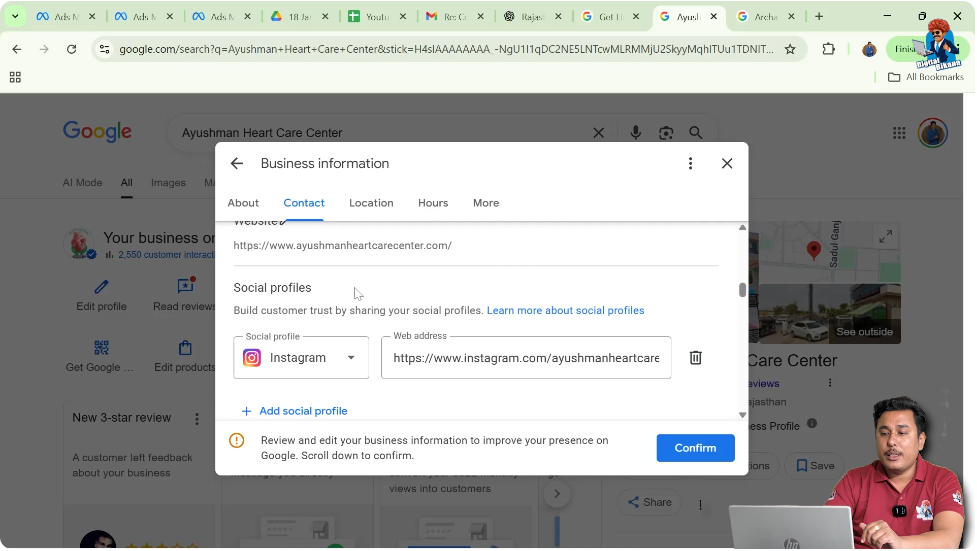 Clicking edit icon to manage social media links in Google My Business listing