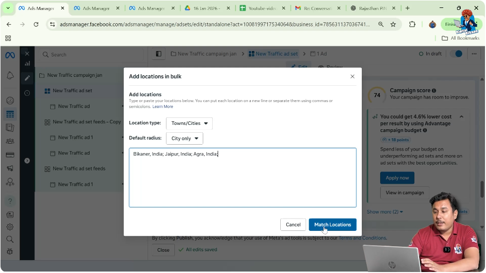 Matching bulk entered cities to validate locations in Facebook Ads Manager