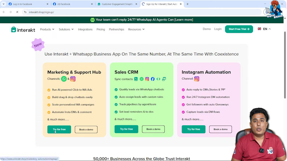 Clicking Start Free Trial button on Interakt website