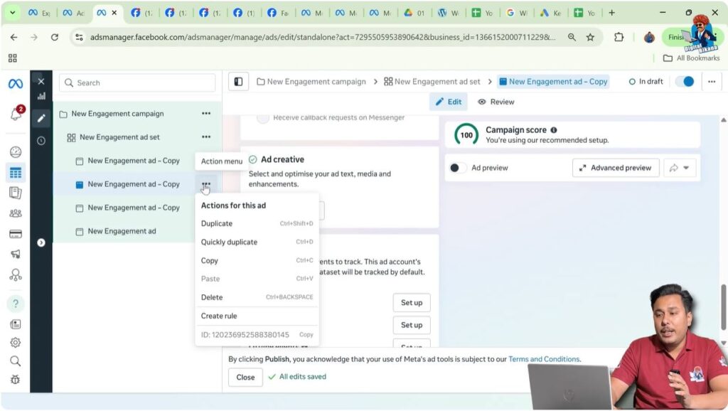 Clicking triple dot menu on selected ad creative in Meta Ads Manager