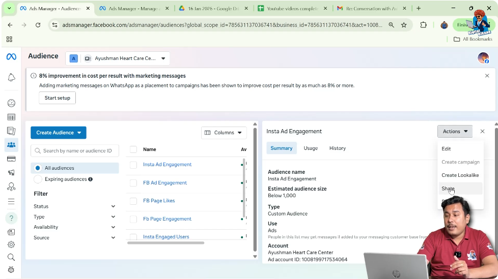 Clicking actions menu to share Facebook custom audience to another ad account