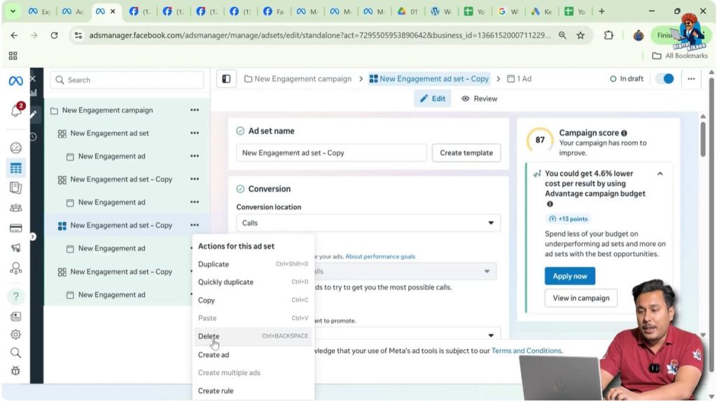 Delete option selected from ad set menu in Meta Ads Manager