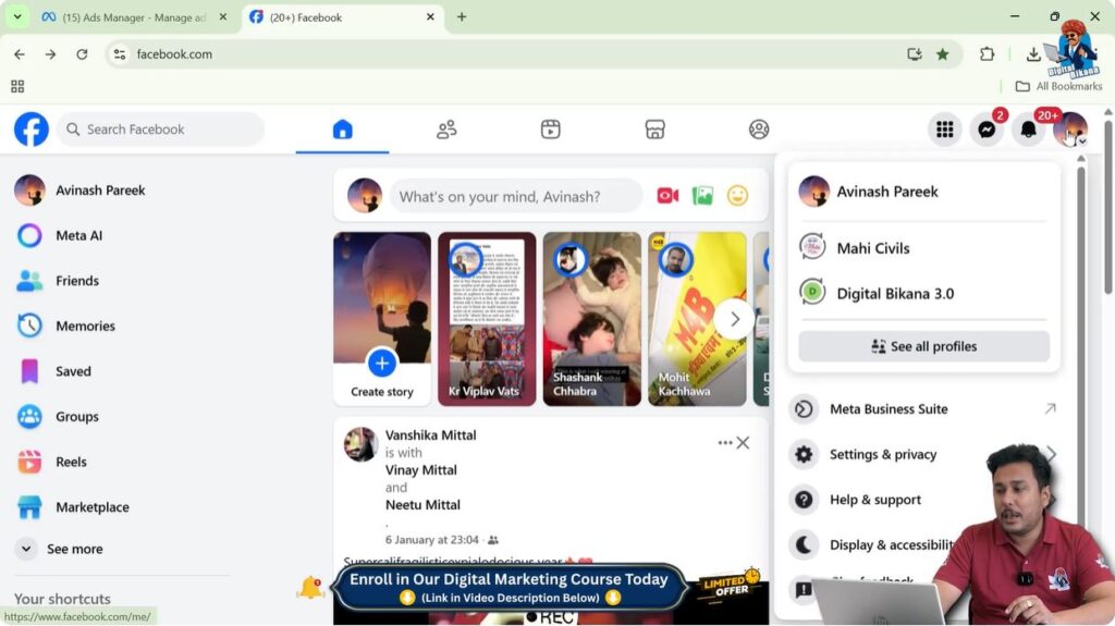 Clicking top right profile icon to switch to Facebook page