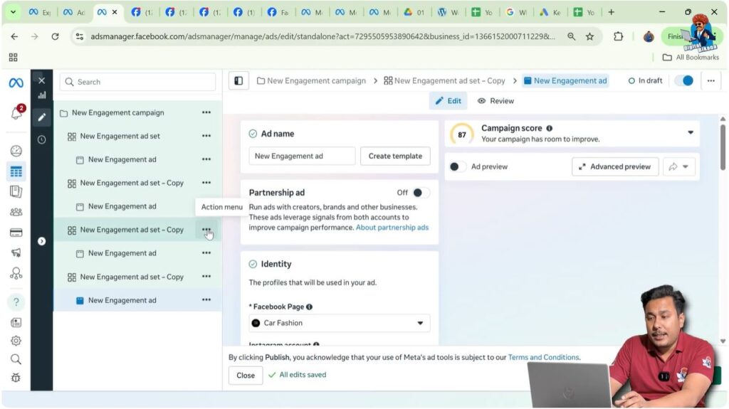 Triple dot menu opened for an ad set in Meta Ads Manager