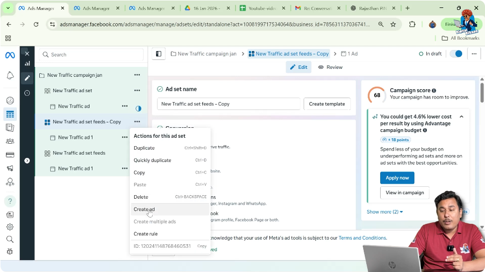 Clicking three dot menu at ad level to create new ad copy