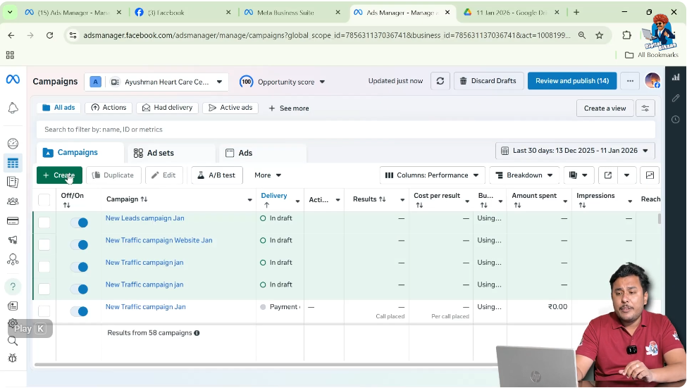 Clicking the Create button in Meta Ads Manager to start a new Facebook ad campaign