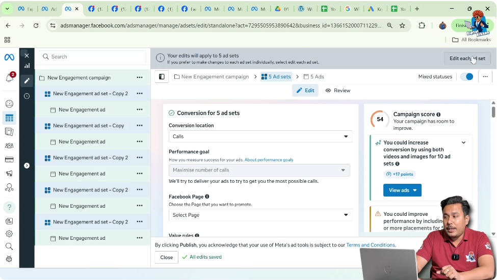 Edit button visible after selecting multiple ad sets in Meta Ads Manager