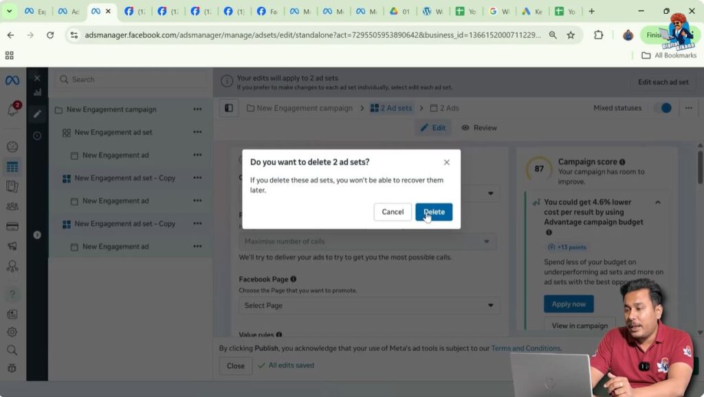 Confirmation popup for deleting multiple ad sets