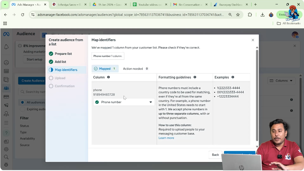 Confirm phone number mapping while importing mobile numbers in Facebook custom audience