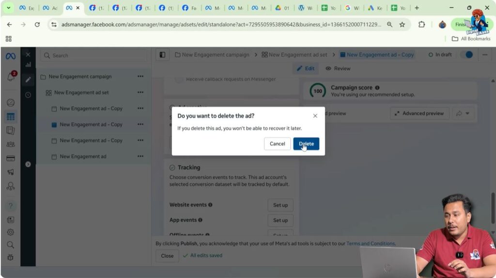 Confirming ad creative deletion popup in Meta Ads Manager