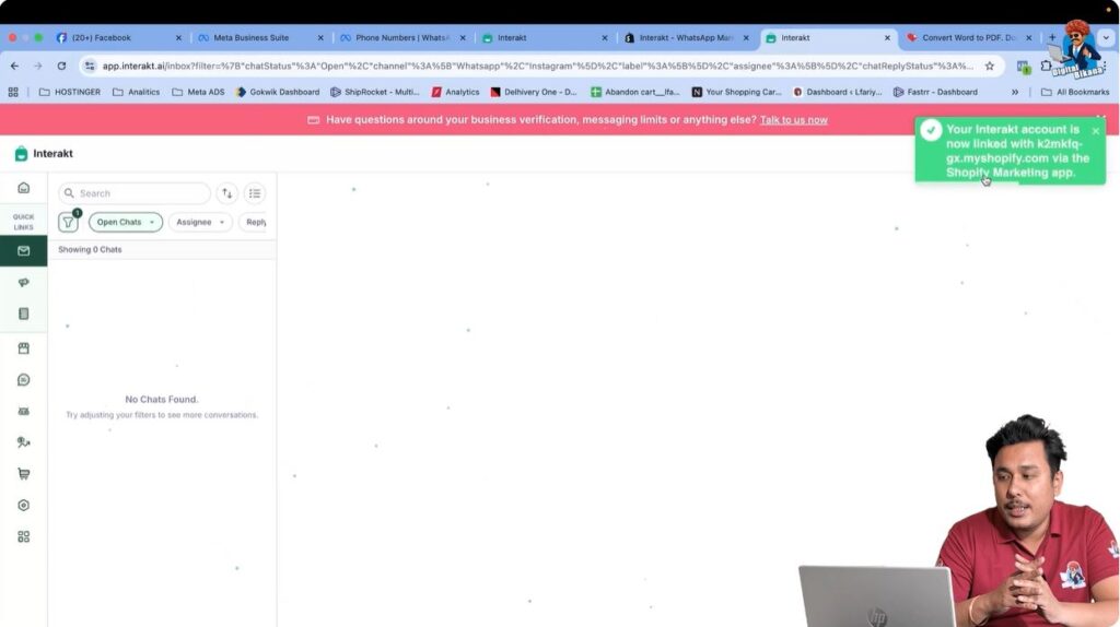 Confirmation popup showing Interakt account successfully linked with Shopify website