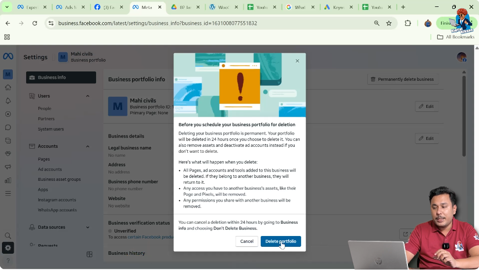 Confirmation popup for deleting business portfolio in Meta Business Suite