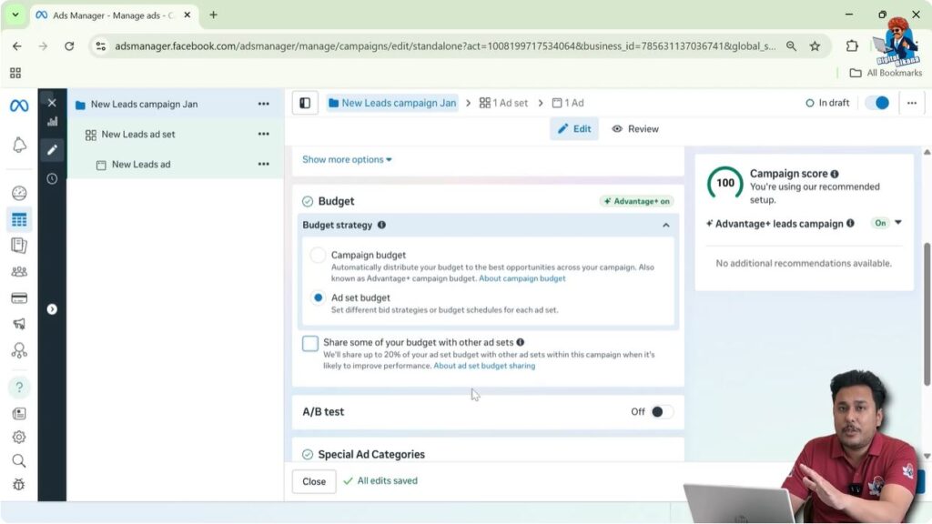 Setting campaign name and selecting ad set level budget in Facebook Ads Manager lead campaign