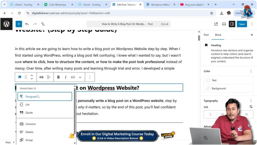Converting heading into paragraph format in WordPress editor