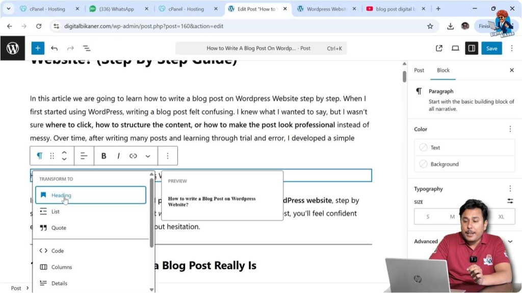Changing paragraph text into heading in WordPress editor