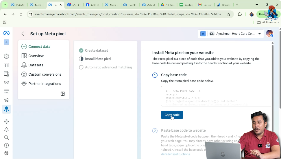 Copy Meta Pixel tracking code from Events Manager for website installation