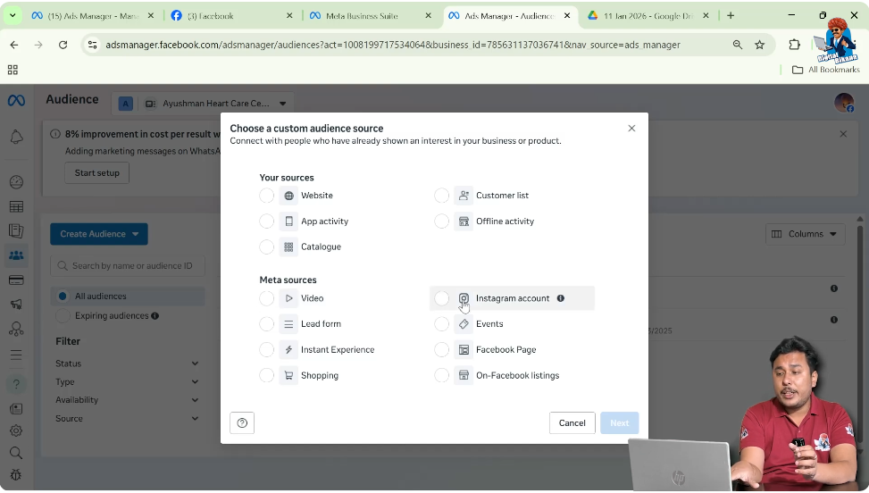 Creating custom audience from Facebook page and Instagram engagement