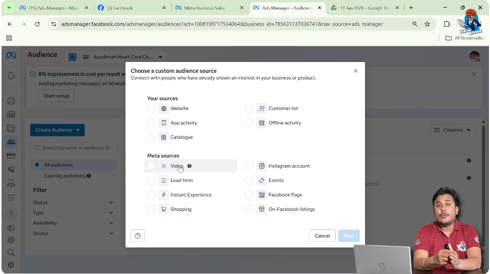 Creating custom audience based on video engagement in Facebook Ads