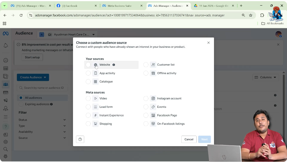 Creating custom audience using website visitors in Facebook Ads Manager