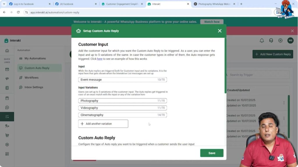 Event selection message configuration in Interakt for WhatsApp Business 