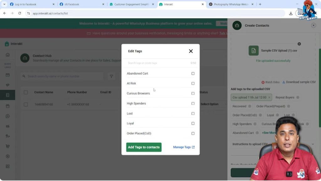 Creating contact tag in Interakt for WhatsApp Business API campaigns