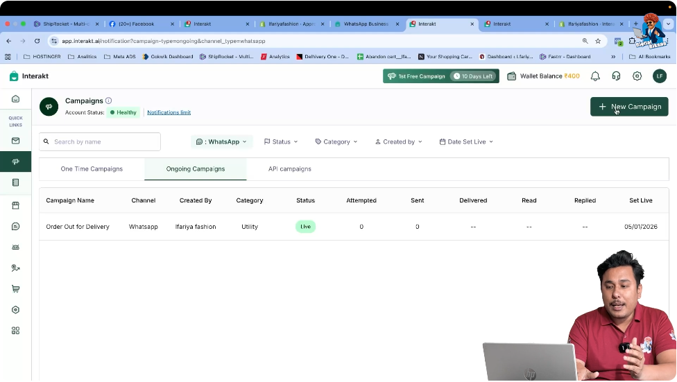 Creating a new campaign in Interakt for sending abandoned cart messages via WhatsApp Business API