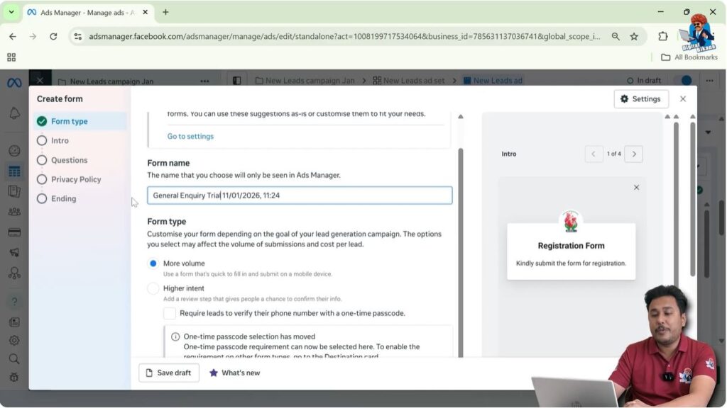 Creating a new instant lead form inside Facebook Ads Manager for lead