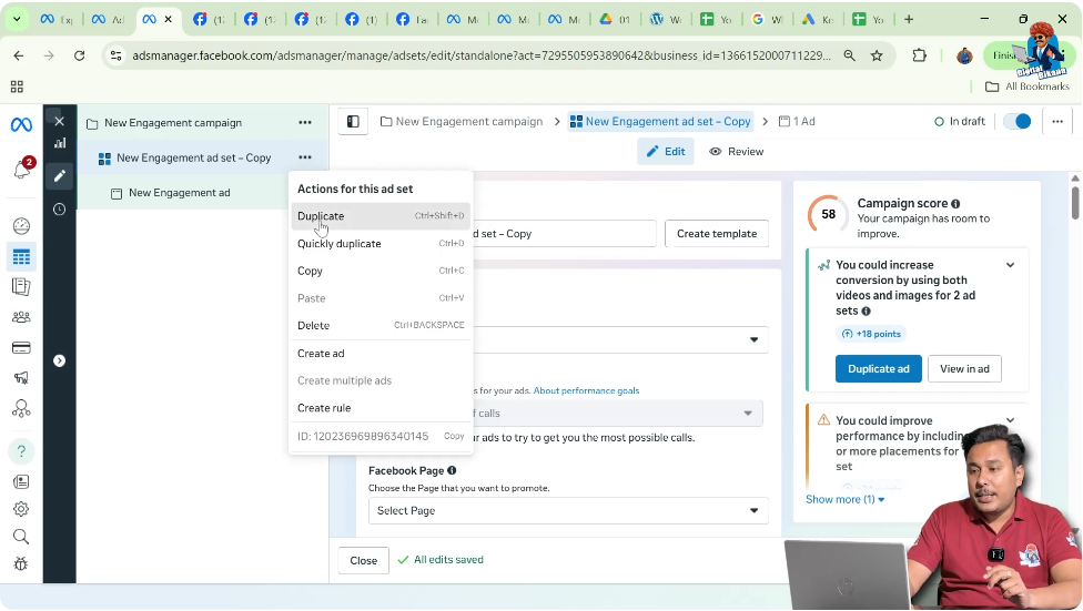 Creating multiple ad sets using duplication option in Meta Ads Manager