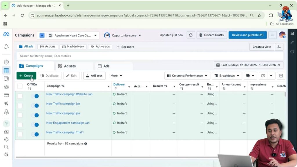 Creating a new lead campaign in Facebook Ads Manager by clicking the create button
