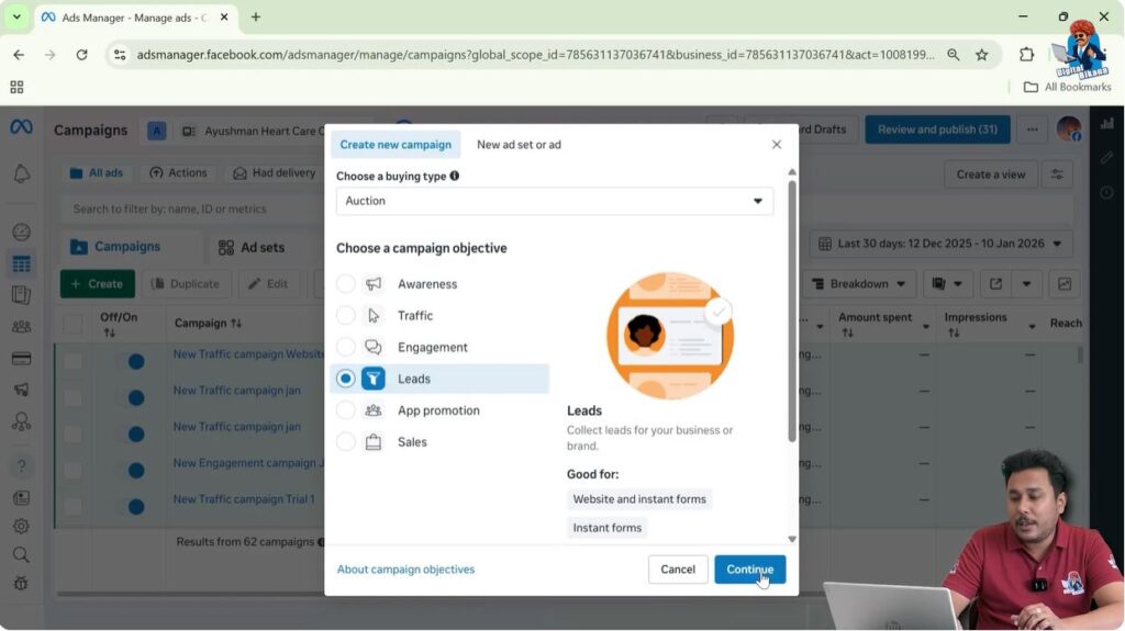 Creating a new lead campaign in Facebook Ads Manager by clicking the create button and selecting the leads objective