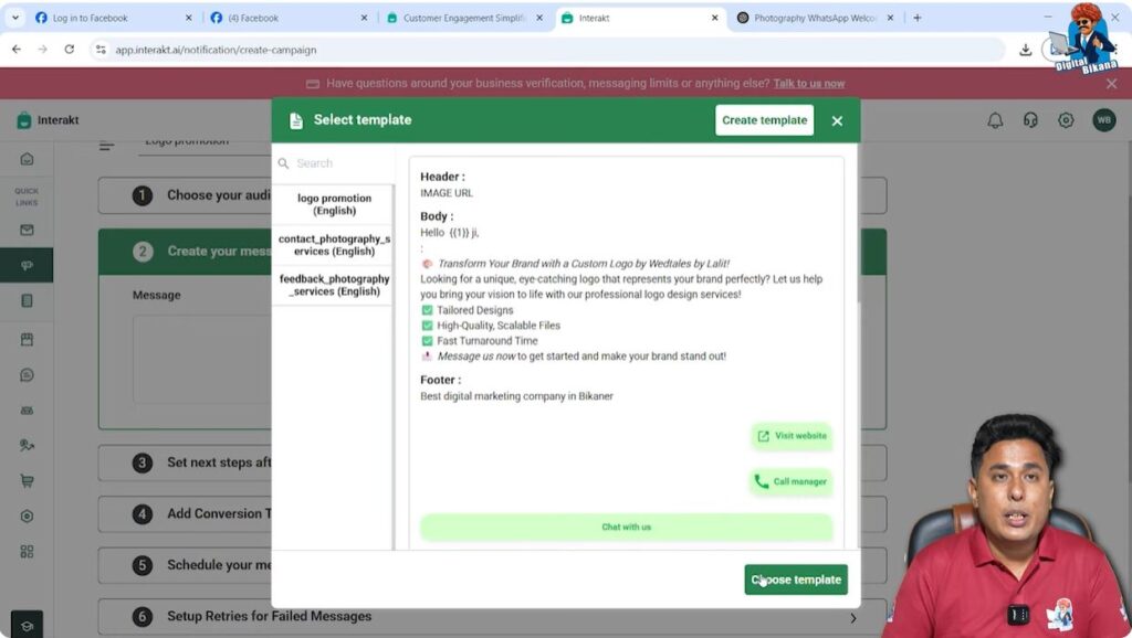 Selecting approved marketing template for WhatsApp Business API campaign in Interakt