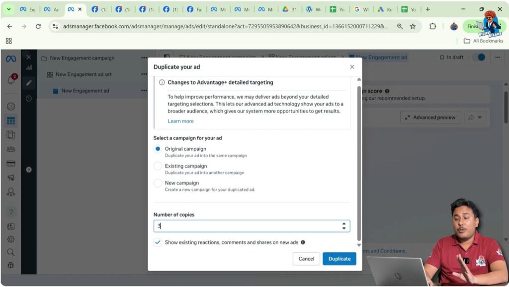 Choosing number of duplicate ad creative copies in Meta Ads Manager