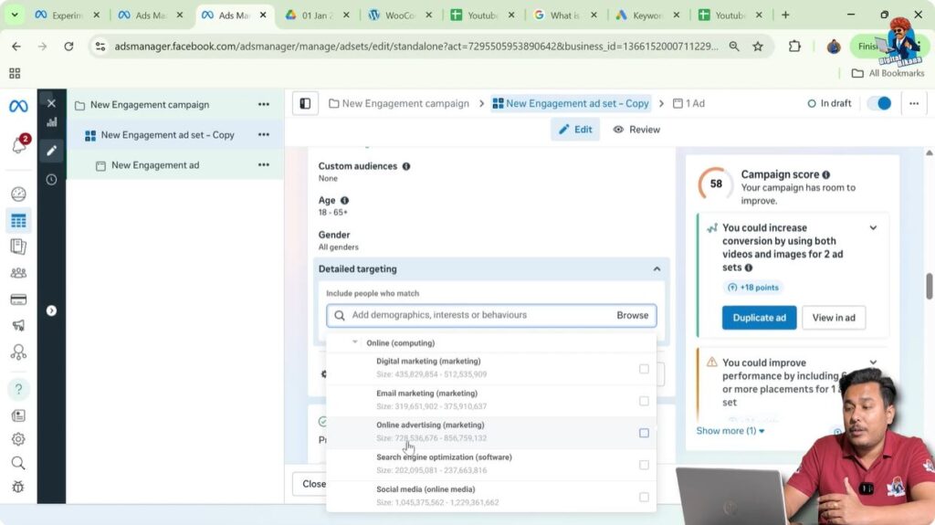 Digital marketing and online business interest targeting in Meta Ads Manager
