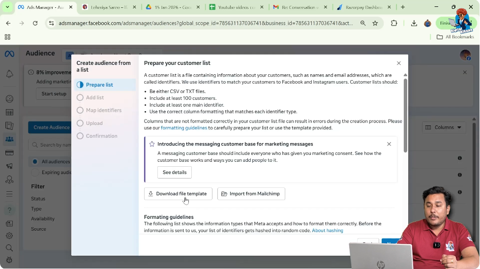 Download sample file template to prepare email list for Facebook custom audience