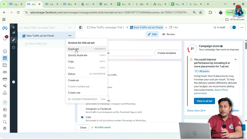 Duplicating ad set to run call ads on stories and reels