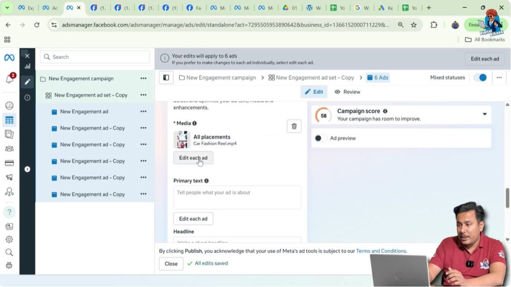 Edit each ad option available for media editing in Meta Ads