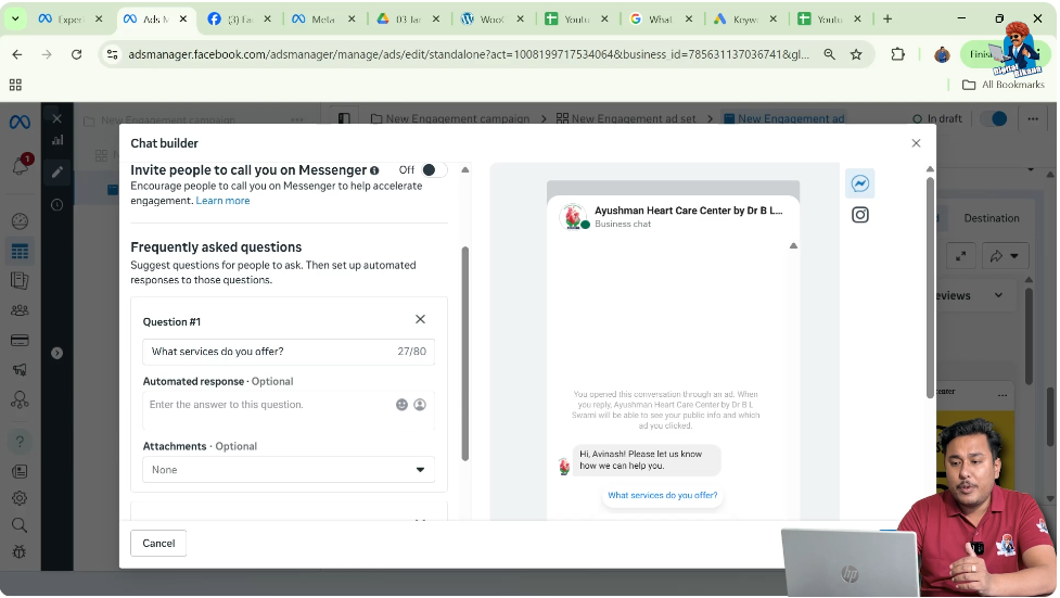 Editing FAQ questions in Facebook engagement ad message template