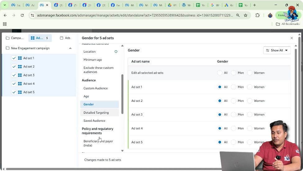 Editing gender targeting for multiple ad sets in Meta Ads Manager