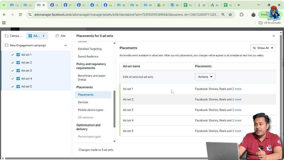Editing ad placements for multiple ad sets in Meta Ads Manager