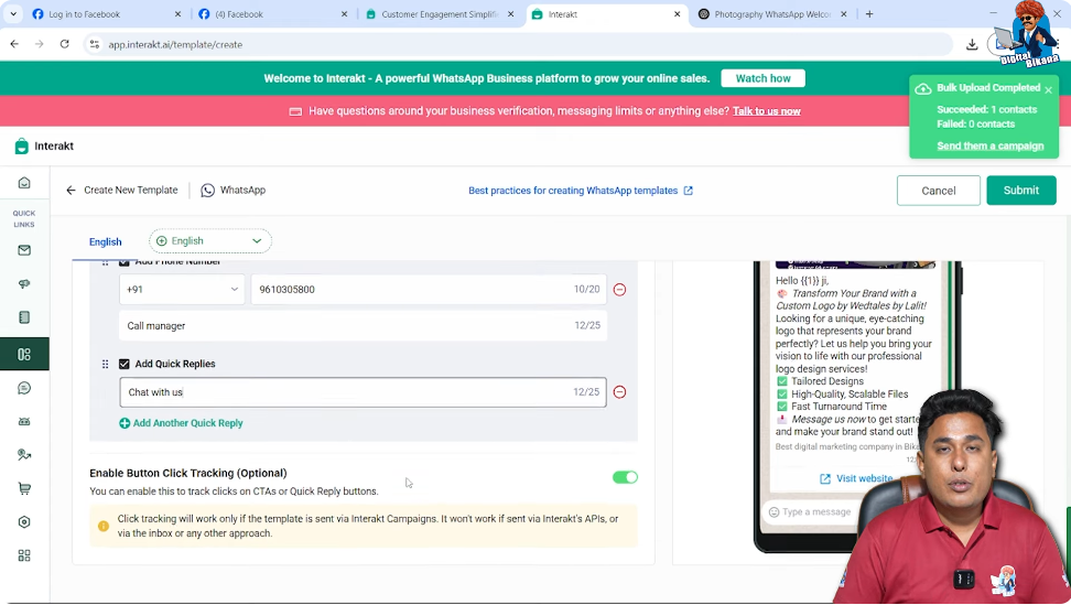 Enable button click tracking in WhatsApp Business API marketing template Interakt