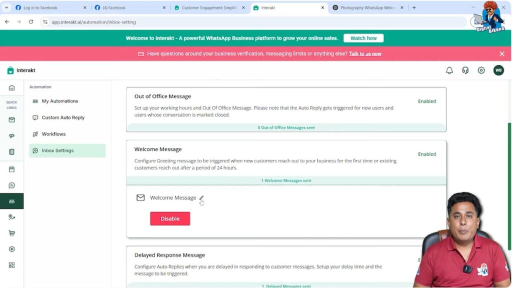 Opening welcome message editor in Interakt WhatsApp Business API