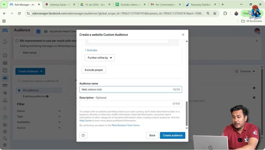 Enter custom audience name and create website visitor audience in Facebook Ads Manager