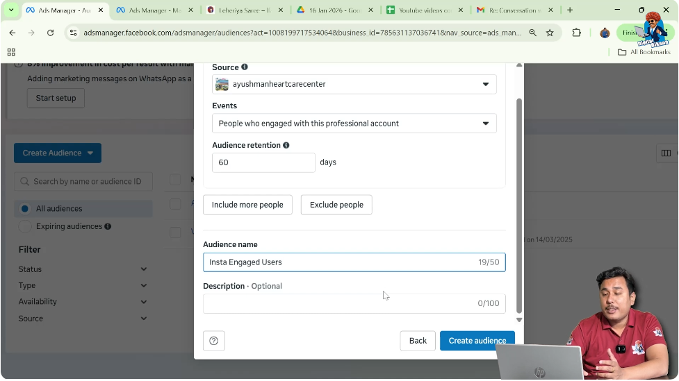 Entering audience name Insta Engaged Users in Facebook Ads Manager